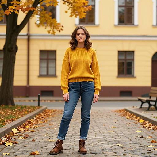 Young Woman in Mustard Sweater and Jeans on Autumn Street