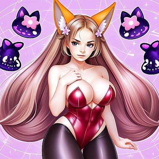 Anime Fox-Eared Woman in Red Corset with Whimsical Cat Spirits