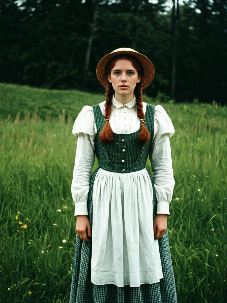 Woman in Anne of Green Gables Costume in Green Meadow Cinematic Realism