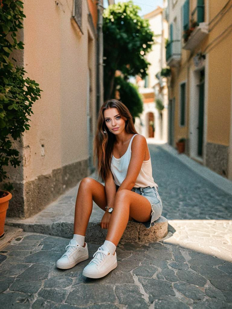 Young Woman in Summer Attire on Cobblestone Street Young Woman in Summer Attire on Cobblestone Street