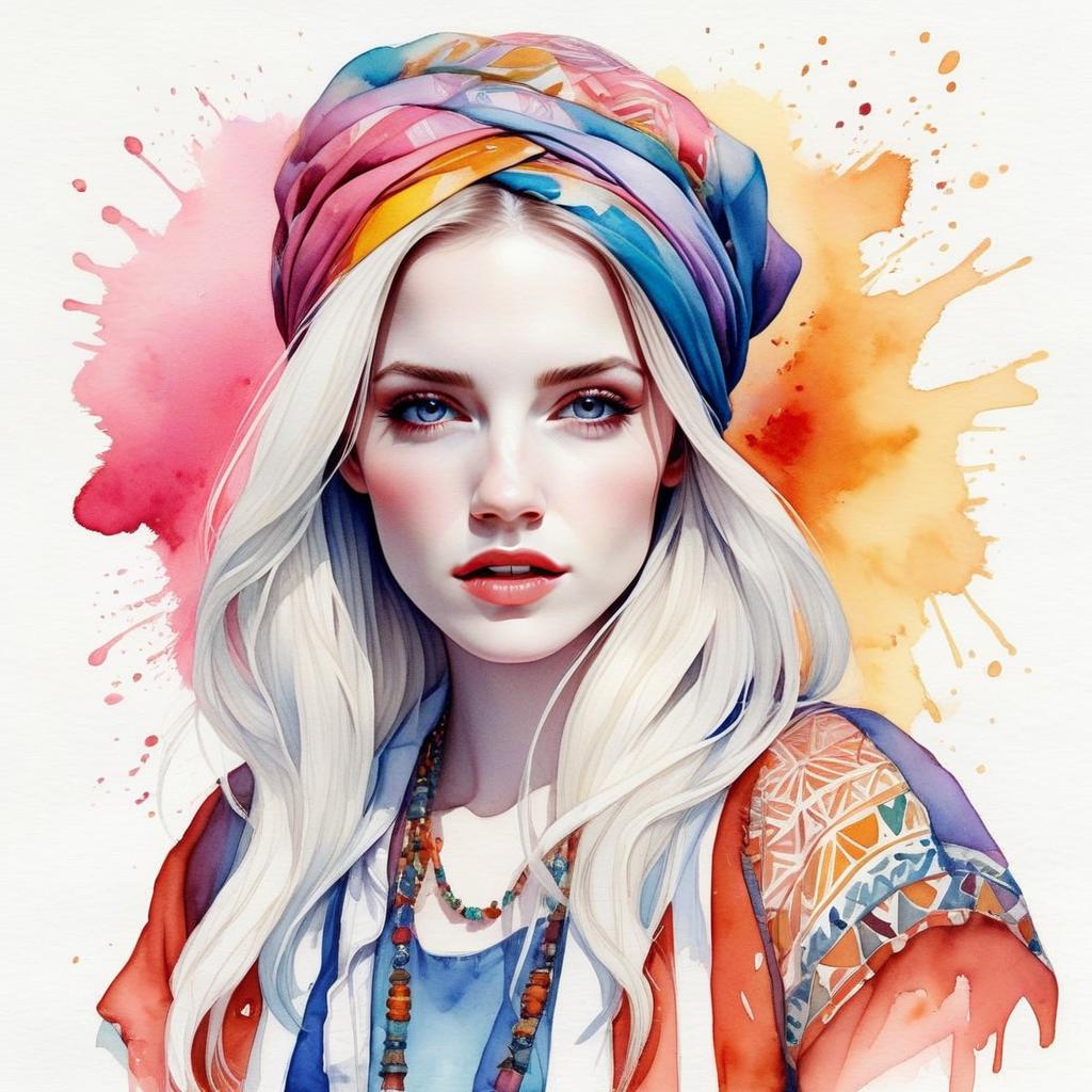 Watercolor Portrait of Young Woman in Bohemian Style