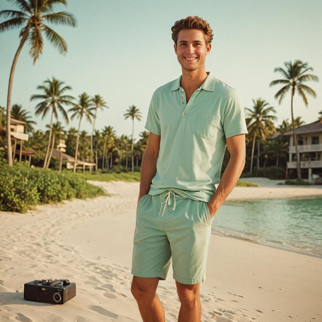 Casual man on beach with vintage camera