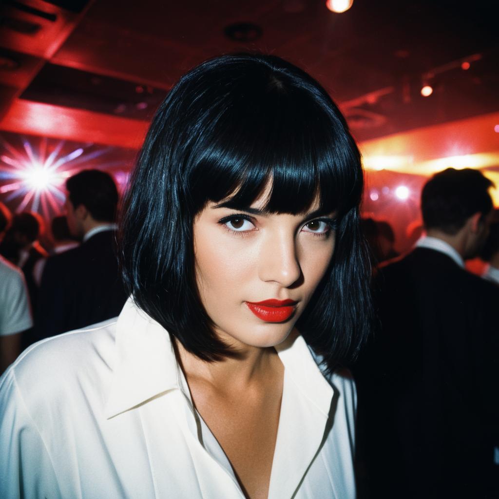 Stylish Woman in Nightclub with Bold Red Lipstick and Black Hair