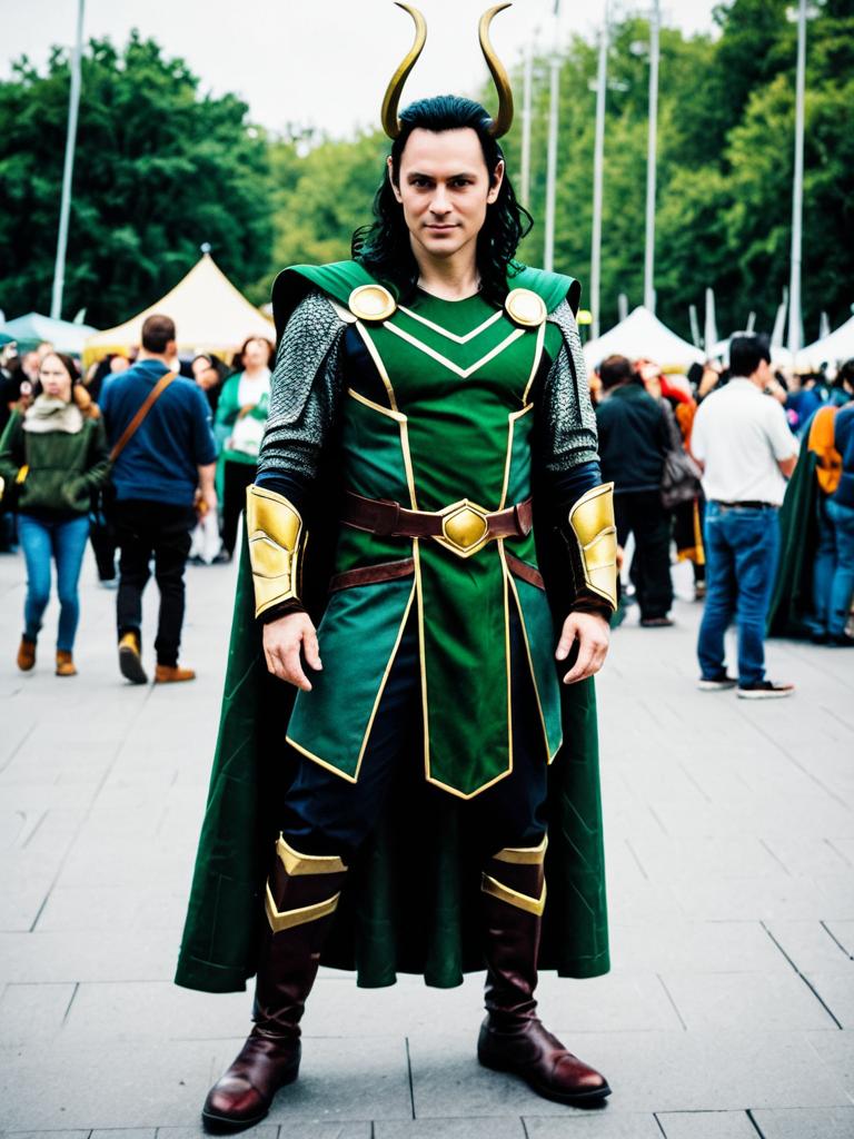 Man in Loki Classic Costume Photorealistic Cosplay Festival Photo