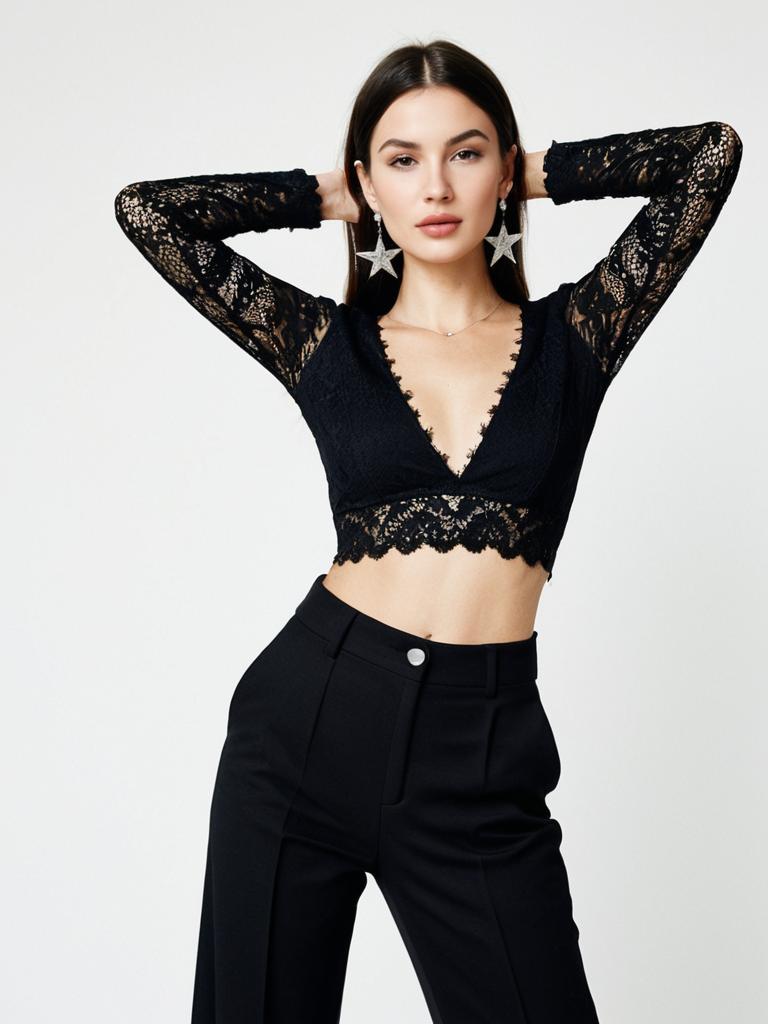 Woman in Contemporary Chic Black Lace Crop Top with Plunging Neckline and Black Trousers