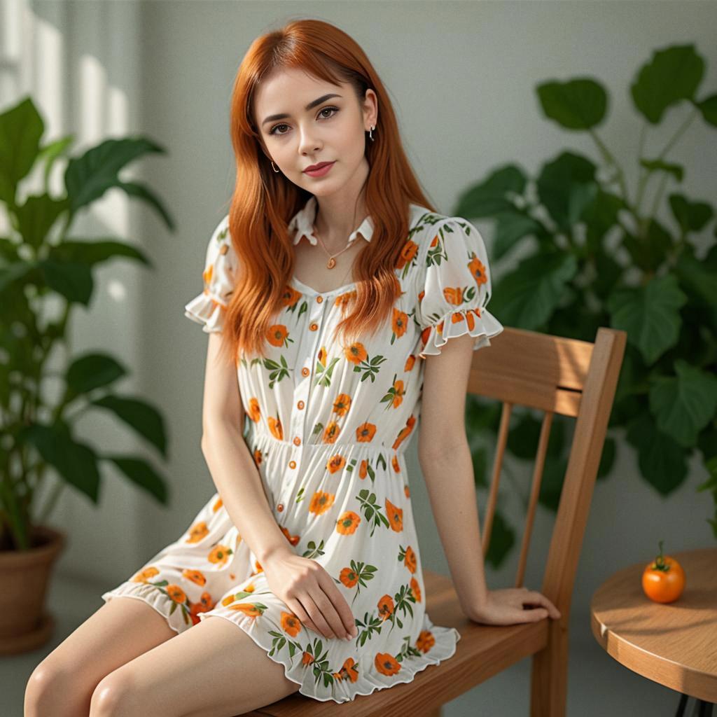 Young Woman with Reddish Hair in Floral Dress