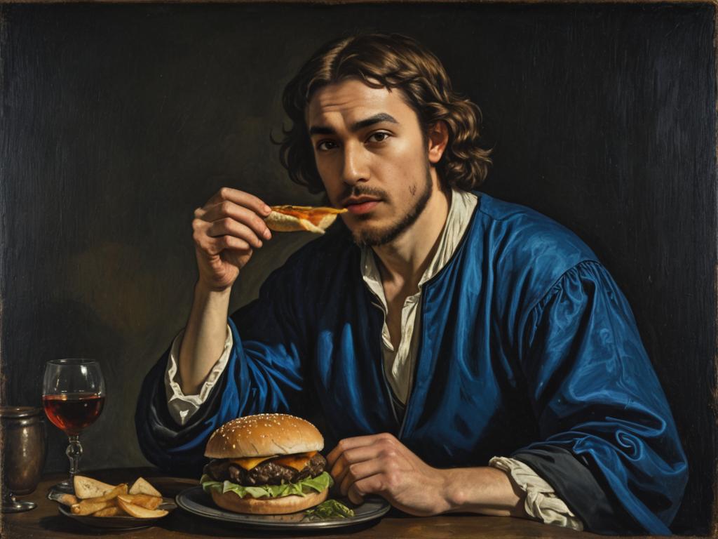 16th-Century Man Enjoying Cheeseburger and Wine