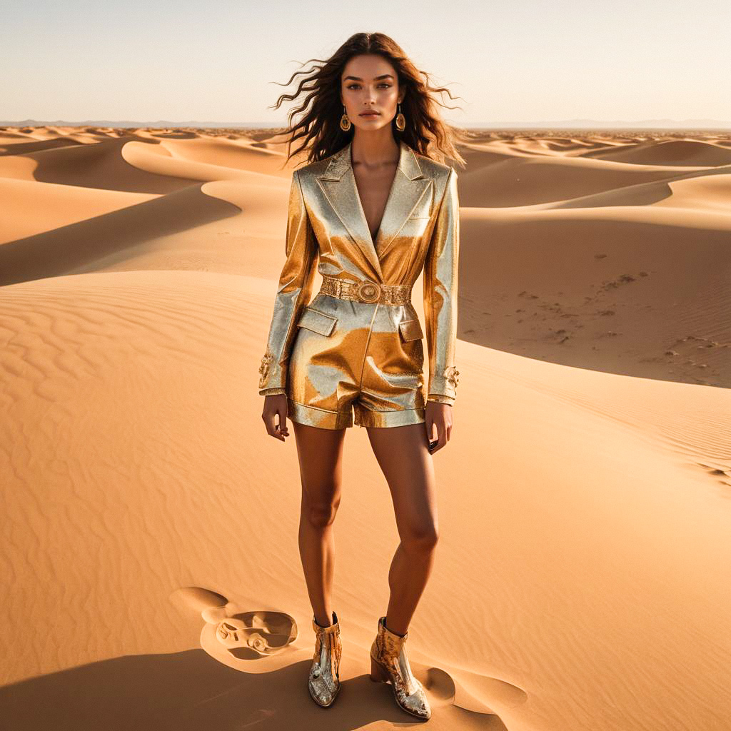 Woman in Metallic Gold Blazer in Desert