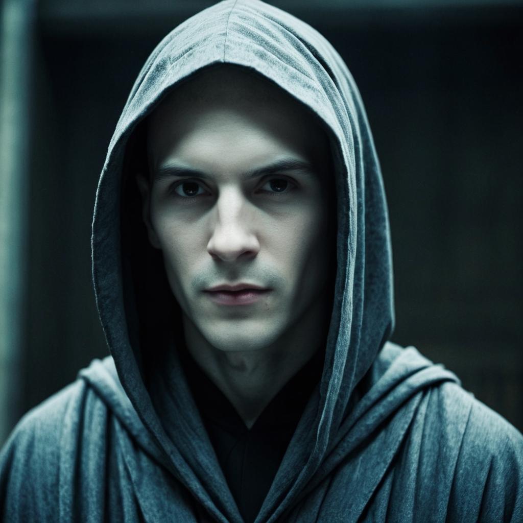 Close-up of a Man in Dark Hooded Robe Close-up of a Man in Dark Hooded Robe