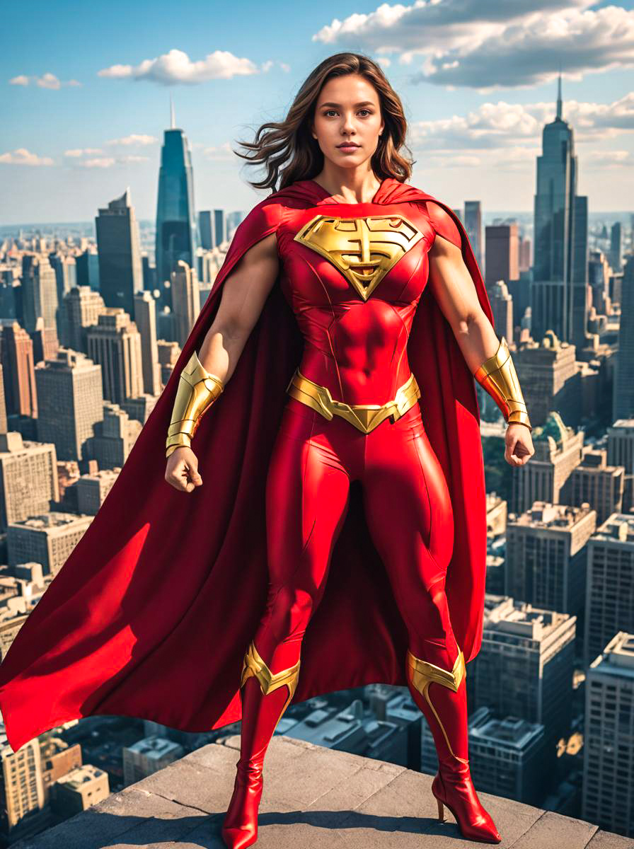 Empowered Woman in Red Superhero Costume