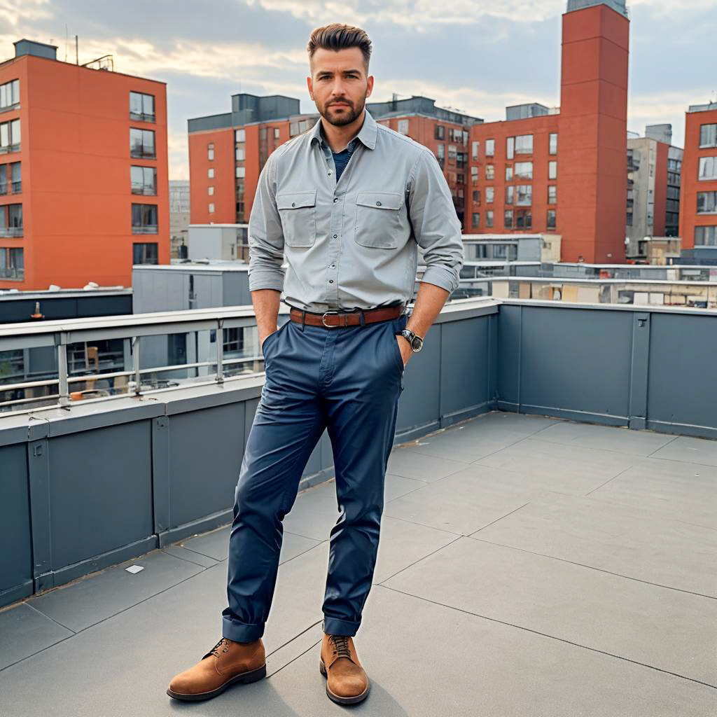 Confident Man in Casual Urban Outfit Standing on Rooftop Terrace