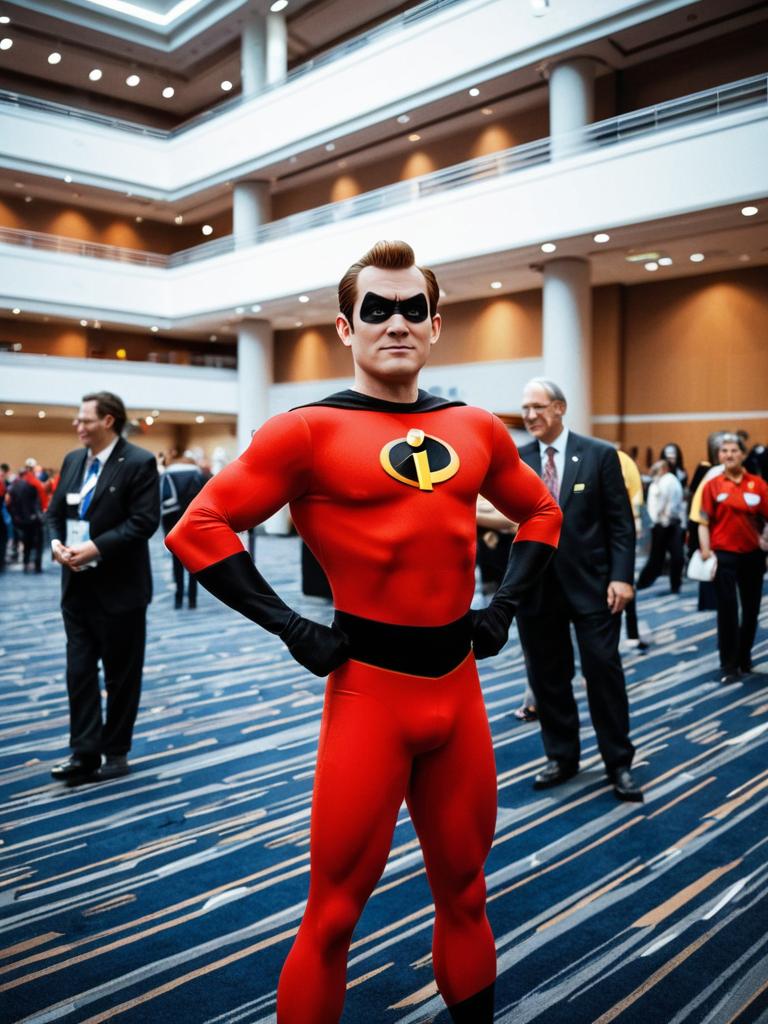 Confident Man in Red and Black Superhero Costume at Convention