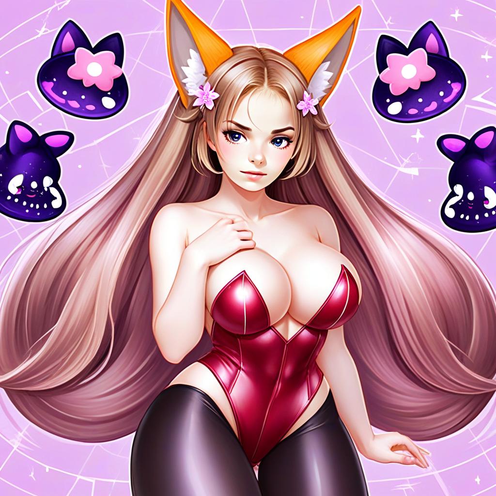Anime Fox-Eared Woman in Red Corset with Whimsical Cat Spirits