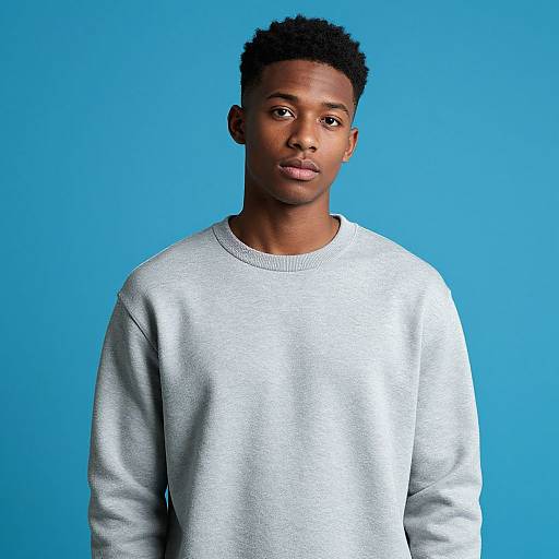 Young Man in Light Gray Sweatshirt on Blue Background Portrait