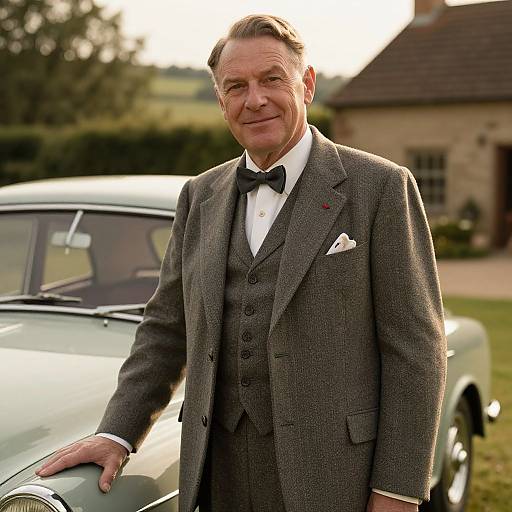 Distinguished Man in Classic Suit Beside Vintage Car