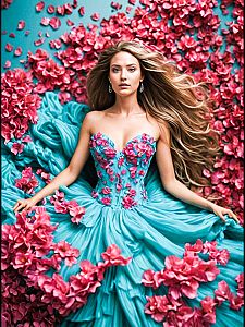Woman in Turquoise Gown Among Pink Flowers