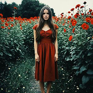Young woman in red flower field