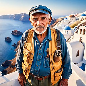 Elderly man in coastal landscape with white-washed buildings