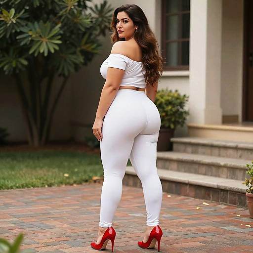 Confident Woman in White Crop Top and Leggings with Red Heels