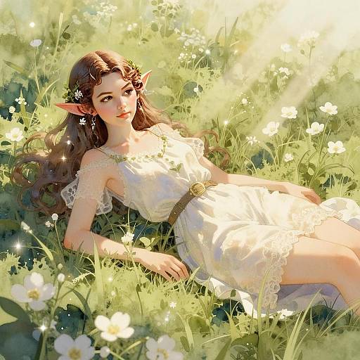 Elven Woman Relaxing in Flower Meadow Fantasy Art