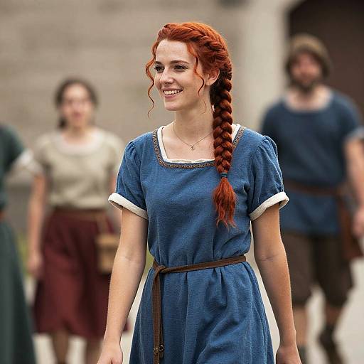 Medieval Period Woman in Blue Dress with Red Braid