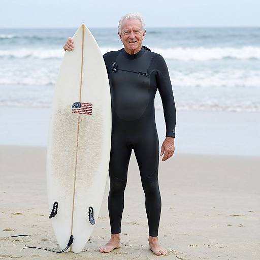 Elderly Man Holding Surfboard on Beach in Wetsuit