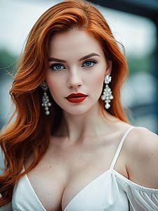 Elegant Redhead Woman Portrait with Pearl Earrings and White Dress