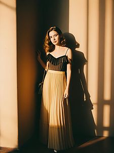 Elegant Woman in Black Sheer Sleeveless Maxi Dress with Pleated Skirt Evening Wear