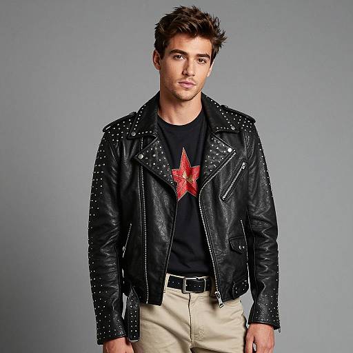 Young Man in Black Studded Leather Biker Jacket with Red Star T-shirt