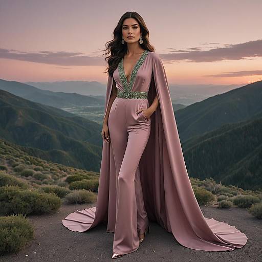 Elegant Woman in Mauve Jumpsuit with Cape at Mountain Sunset