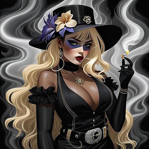 Stylish Woman in Black Hat with Flowers Digital Illustration