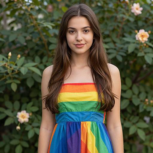 Young Woman Wearing Rainbow Dress Outdoors with Green Foliage