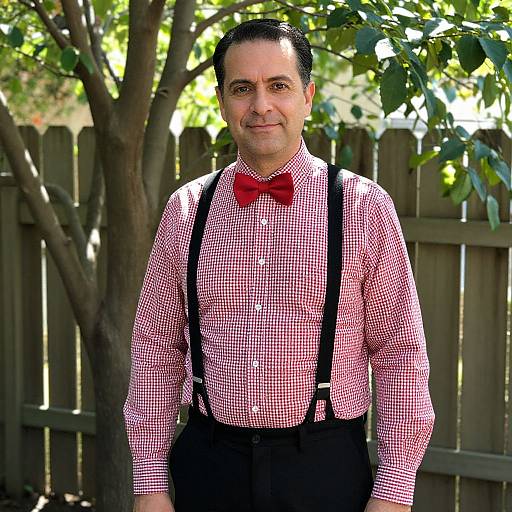 Man Wearing Red Checkered Shirt, Bow Tie, and Suspenders Outdoors