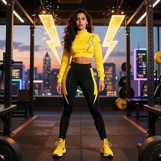 Young Woman in Yellow and Black Lightning Bolt Gym Outfit with Neon Effects