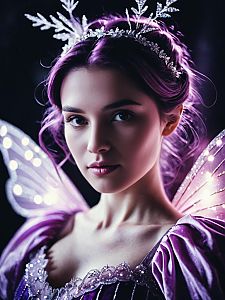 Woman in Magical Sugar Plum Fairy Costume with Glowing Wings and Purple Hair