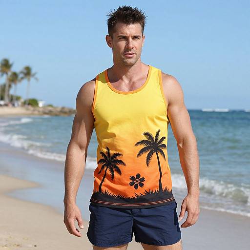 Man Wearing Tropical Palm Tree Tank Top at Beach