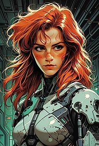 Futuristic Woman in Metallic Armor with Red Hair
