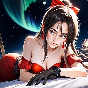 Young Woman in Red Under Celestial Sky