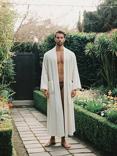 Man in Extra Long Cream Robe Standing in Garden