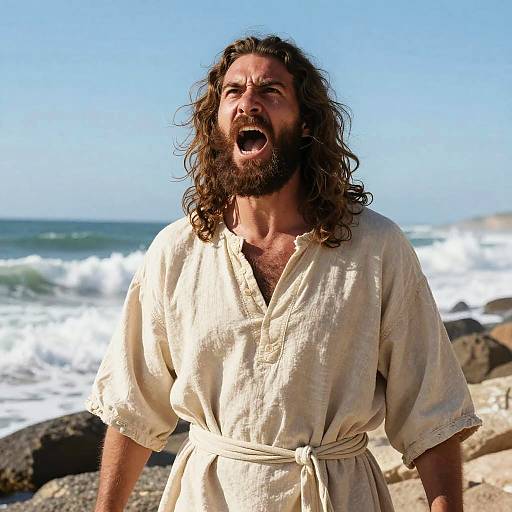 Man in Beige Robe Shouting by Ocean Shore
