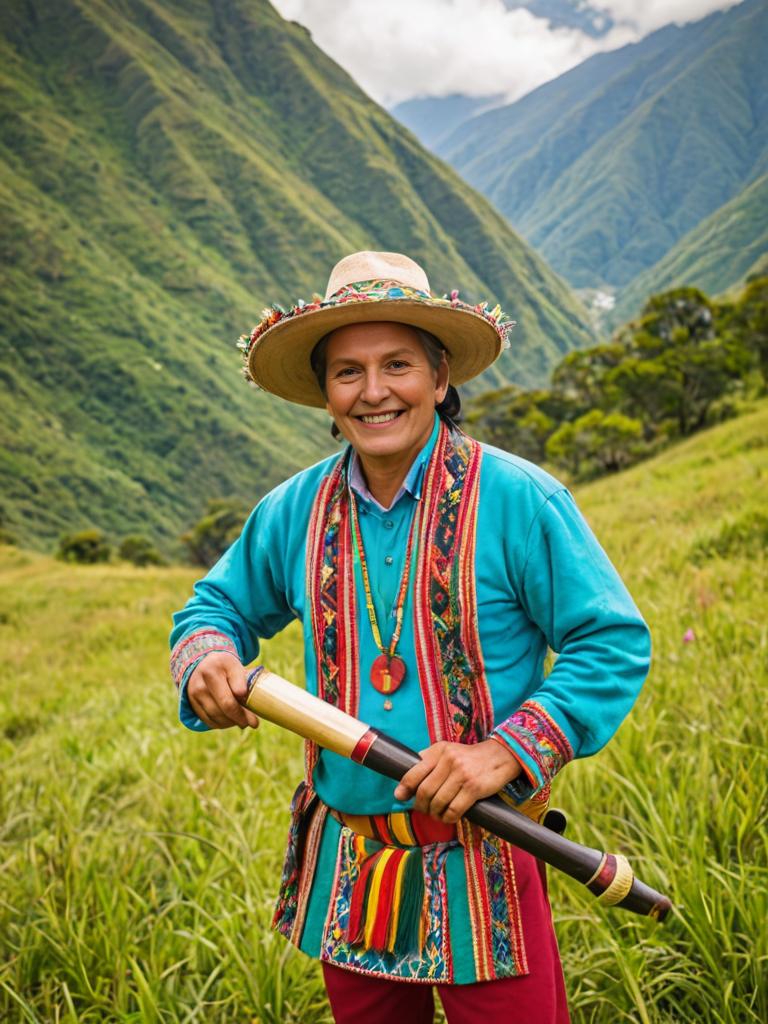 Peruvian Man in Traditional Clothing Against Lush Mountains