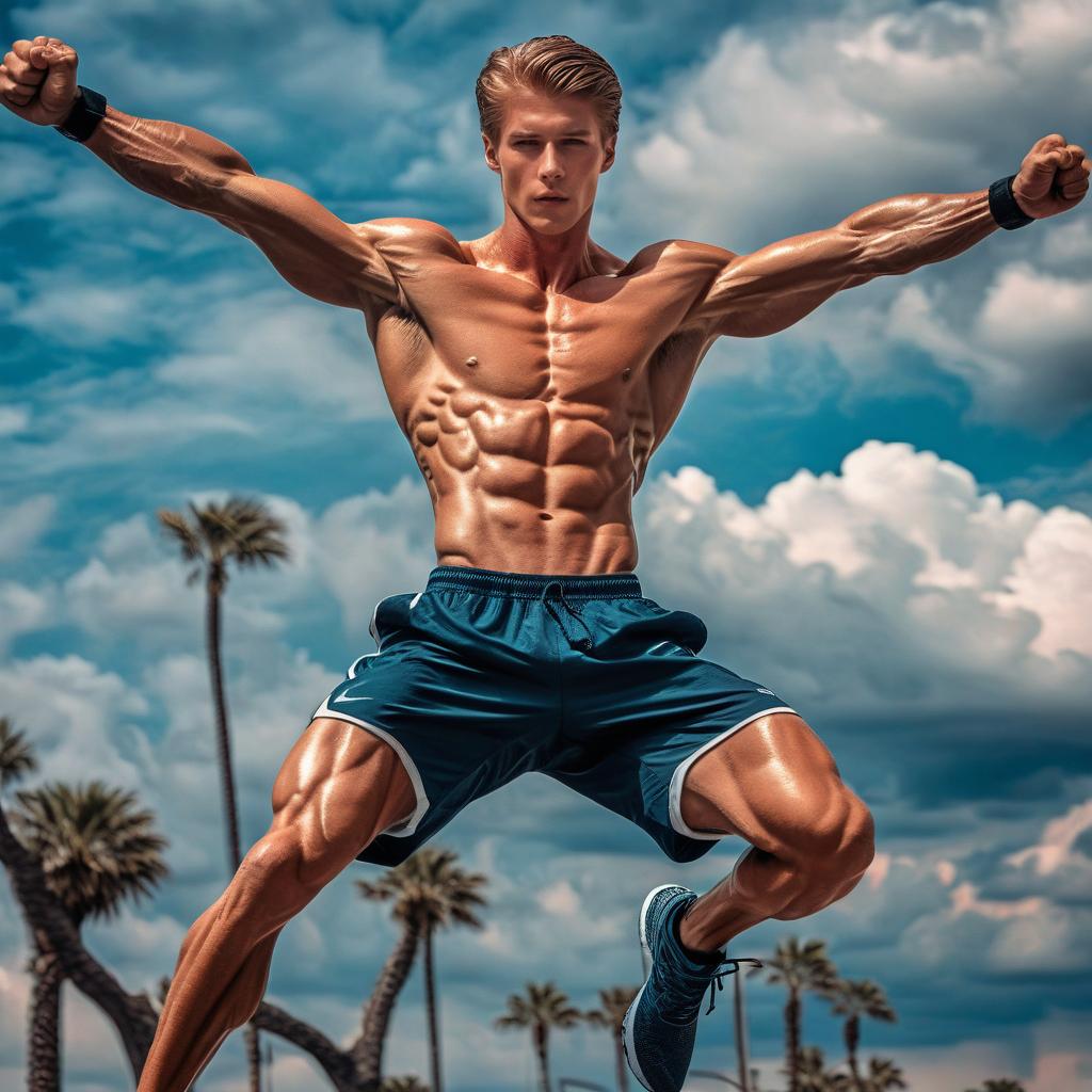 Muscular Man Jumping Outdoors with Palm Trees Muscular Man Jumping Outdoors with Palm Trees