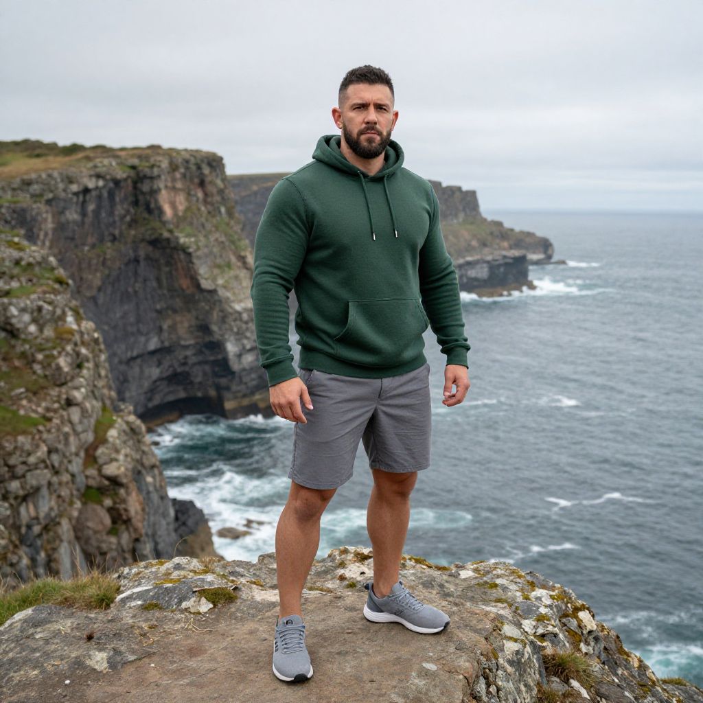 Man Standing on Rocky Cliff Overlooking Ocean in Green Hoodie and Gray Shorts