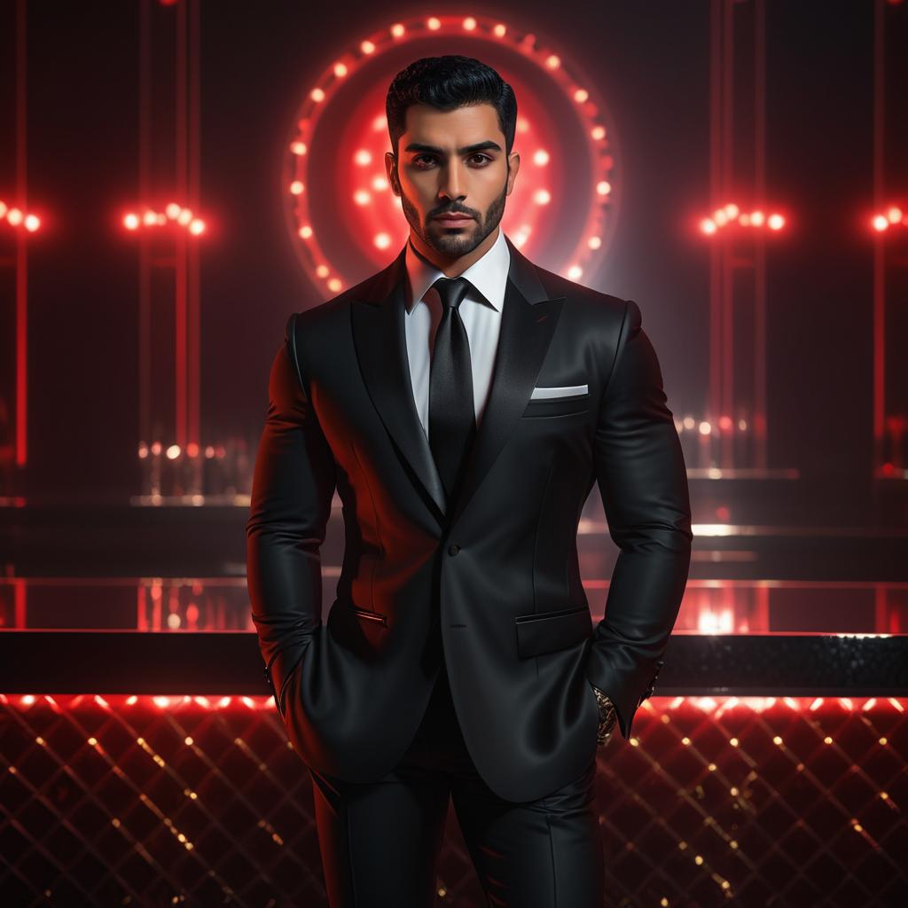 Confident Man in Black Suit with Red Lighting