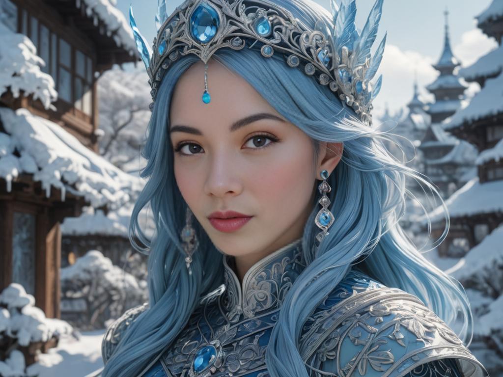 Majestic Princess with Blue Hair in Ornate Armor