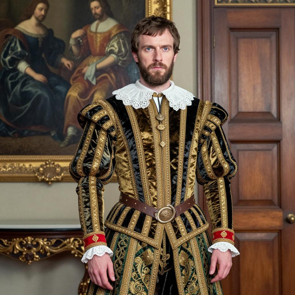 Man in Renaissance Costume with Gold Embroidery in Historic Interior