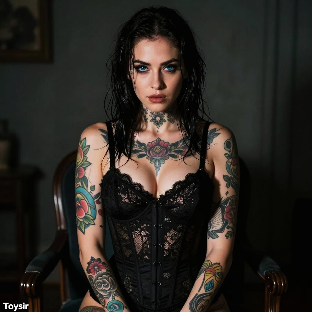Woman in Black Lace Corset with Colorful Floral Tattoos