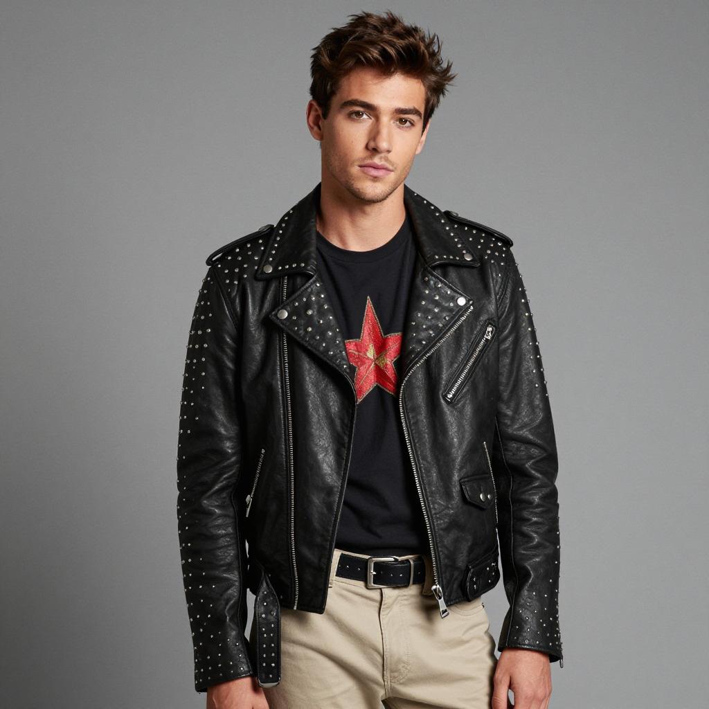 Young Man in Black Studded Leather Biker Jacket with Red Star T-shirt