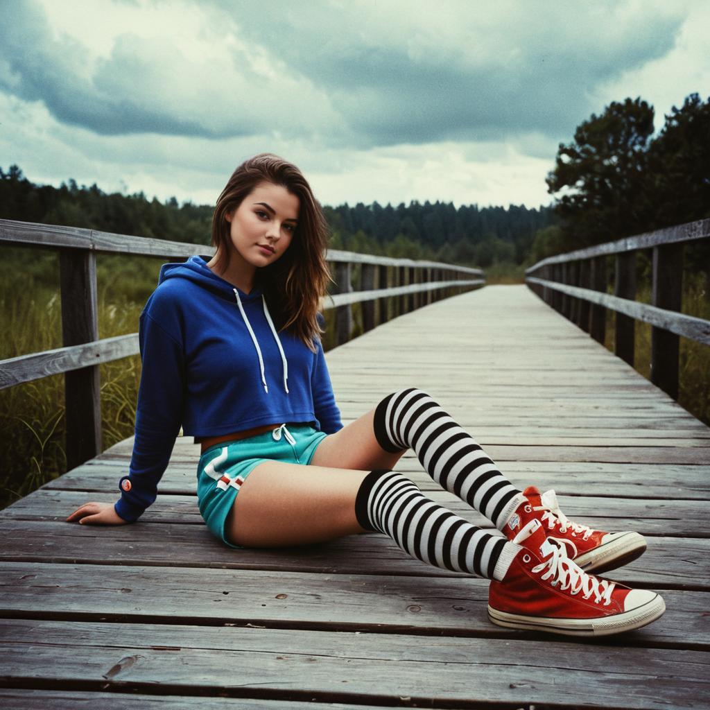 Young Woman in Blue Hoodie and Striped Socks Sitting on Wooden Boardwalk Outdoors