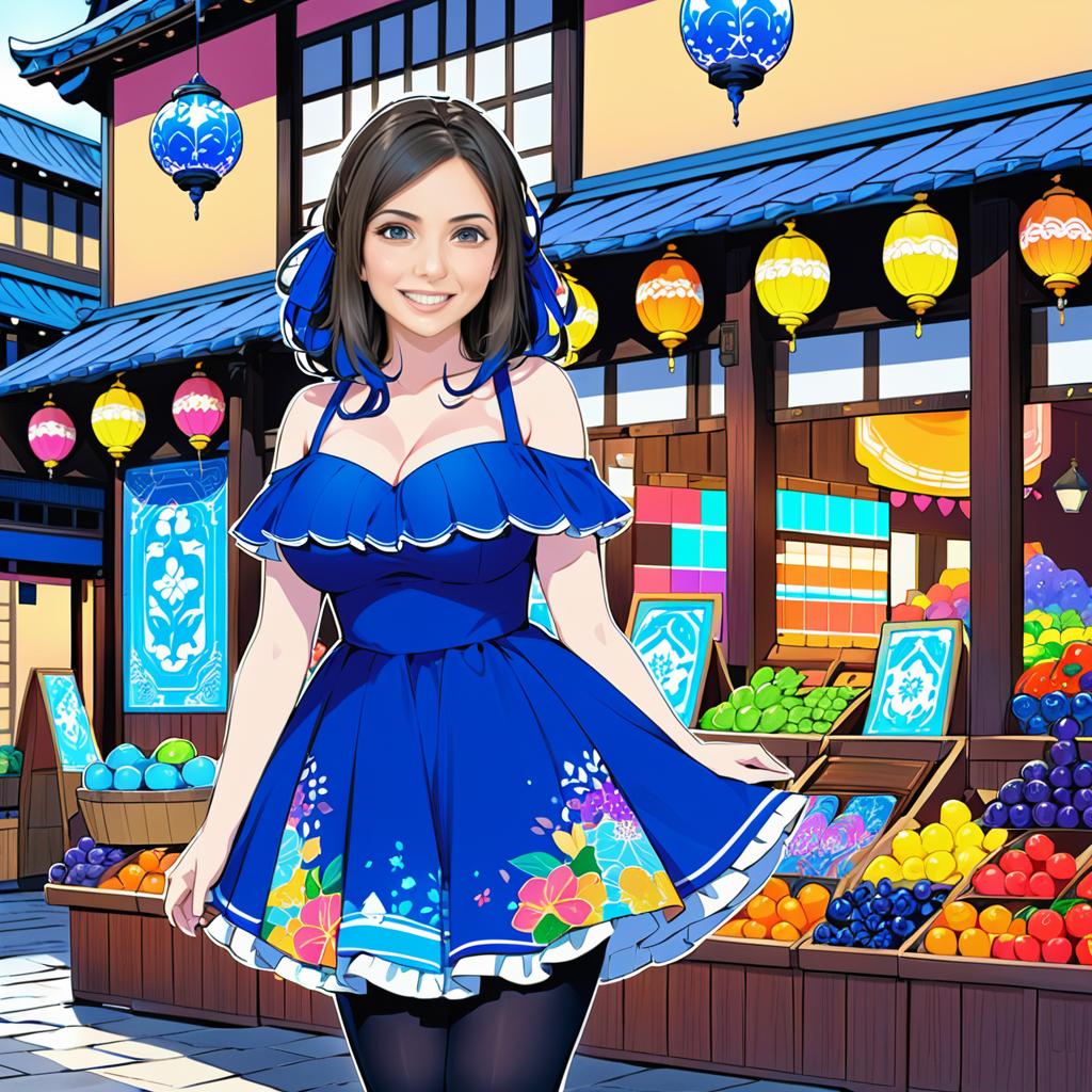 Anime Woman with Blue Hair in Market